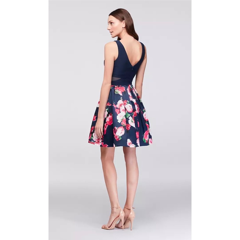 X by Xscape Women 4 Navy Floral Fit Flare Dress Mesh Cutout Wedding Guest Party